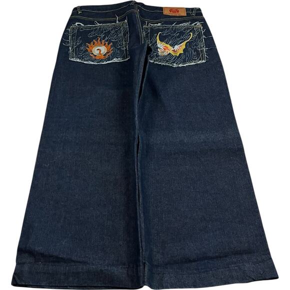 RMC Red Monkey Company Flame & Dragon Embroidered Wide Leg Baggy Y2K Jeans - Picture 1 of 5